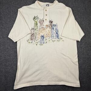 Vintage Cat Print Henley Shirt Kitty Feline 100% Cotton Women’s Large 90s